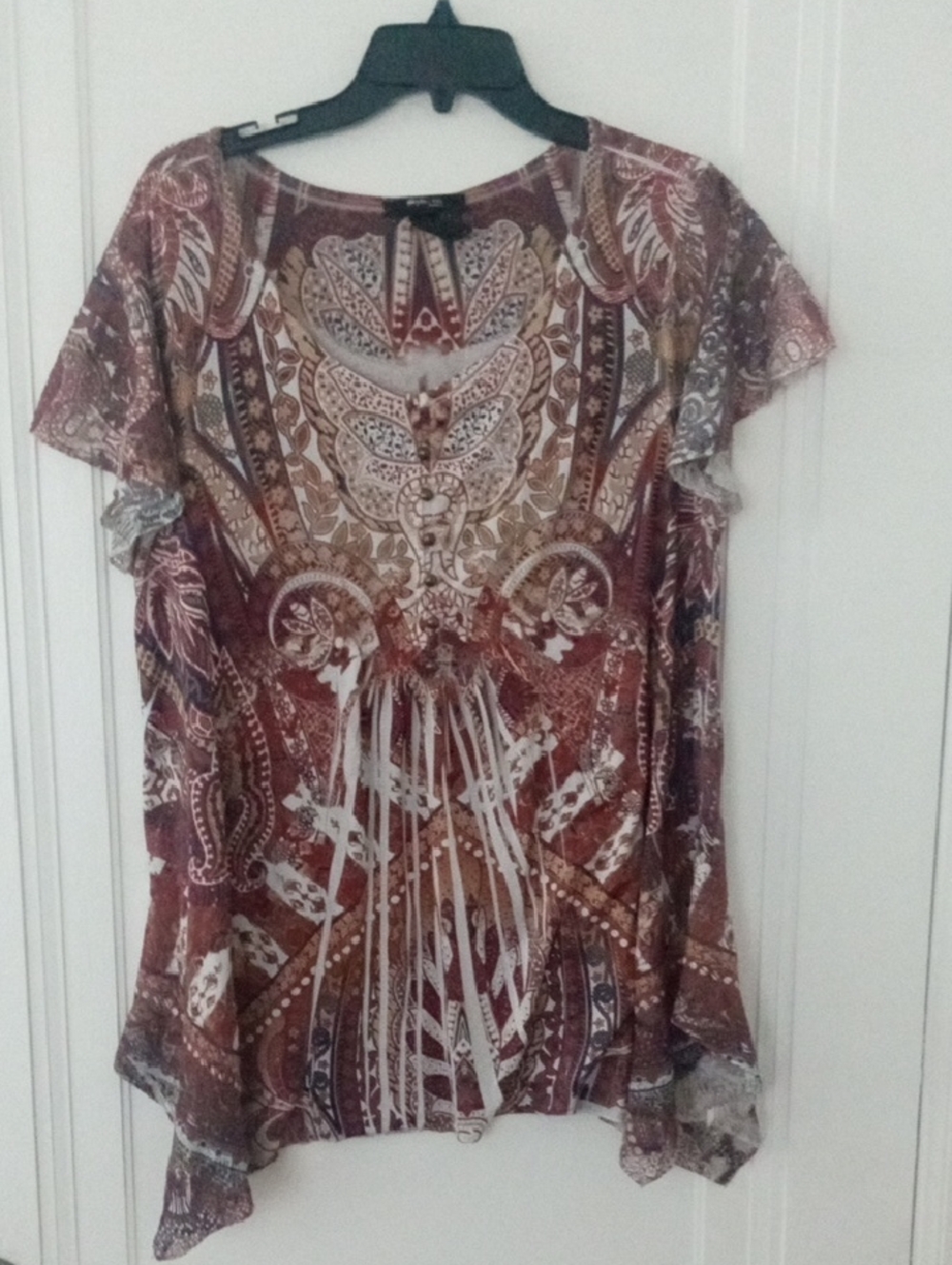 Women's Brown Paisley Print Short Sleeve Top 1x